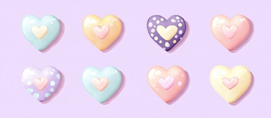 Poster - Colorful pastel heart-shaped candies arranged in a grid pattern on a soft lavender background, featuring various designs and color combinations.