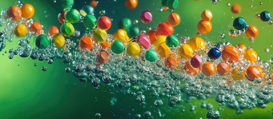 Poster - Vibrant composition of colorful pencil beads in water with bubbles against a smooth green background showcasing striking colors and dynamic movement