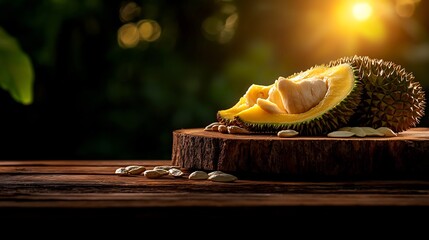 Ripe Durian Fruit on Wooden Table with Warm Backlighting