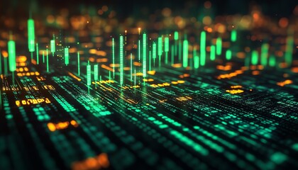 Aufkleber - Glowing green arrows rising above financial graphs, symbolizing value appreciation in market investments, with data visualizations, ultrarealistic, cinematic financial design