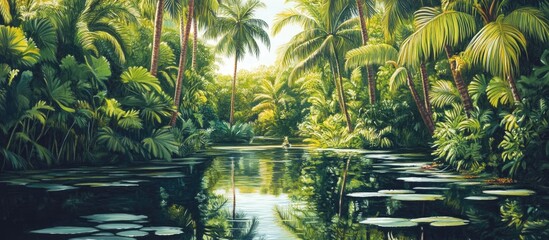 Leinwandbilder - Luxurious palm trees line a serene waterway reflecting lush green foliage under soft sunlight creating a tranquil and inviting atmosphere for relaxation