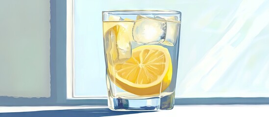 Poster - Refreshing glass of lemon water with ice sits on a bright surface sunlight shines through highlighting the clear cold drink with lemon slices