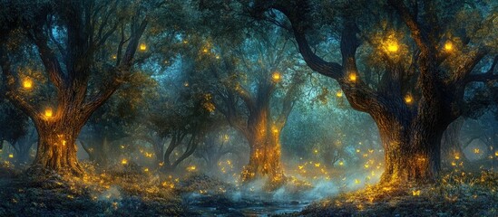 Poster - Enchanting misty forest at night with glowing trees casting warm yellow light amidst cool blue mist creating a mystical atmosphere