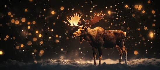 Poster - Whimsical festive moose themed as Rudolph stands against a dark background with golden bokeh, showcasing holiday cheer and charm in a snowy setting.