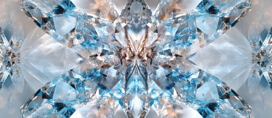 Poster - Stunning symmetrical crystal design with shades of blue and white, featuring sharp reflective facets and soft background for elegance in visuals.
