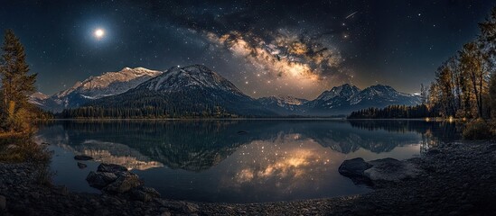 Poster - Stunning supermoon illuminating the night sky above snow-capped mountains and a calm reflective lake surrounded by dark evergreen trees.