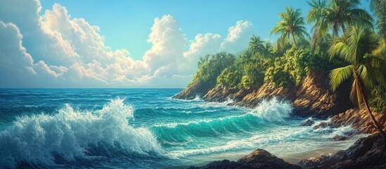 Poster - Lush tropical seascape featuring vibrant green jungle, azure waves crashing on rocky shores under a bright blue sky with fluffy clouds.