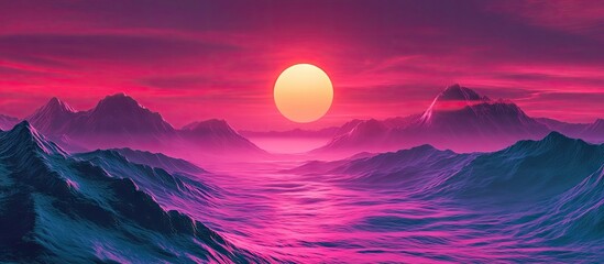 Poster - Vibrant synthwave sunset over chrome waves with pink and purple gradients creating an immersive retro-futuristic landscape design.