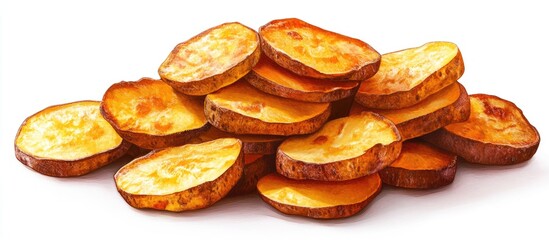Poster - Golden crispy sweet potato chips stacked in a heap on a white background, showcasing a warm orange and brown color scheme.