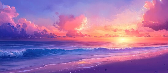 Poster - Vibrant sunset over the beach with shades of pink and purple in the sky reflecting on gentle waves washing ashore on a serene coastline