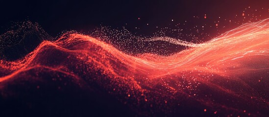 Fototapete - Dynamic swirling waves of red and orange hues against a dark background, creating an energetic, abstract design with soft particles floating.