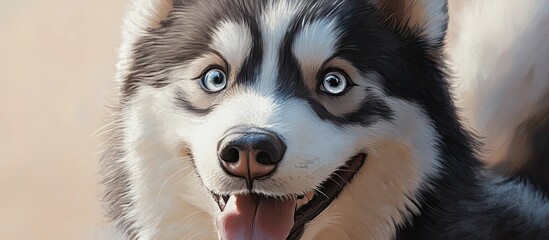 Poster - Adorable close-up of a cute husky with bright blue eyes and a joyful expression against a soft neutral background, perfect for dog lovers' wallpaper.