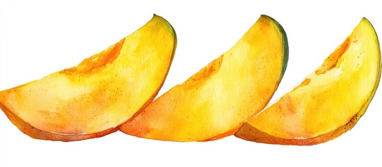 Poster - Vibrant watercolor illustration of three fresh mango slices in shades of orange and yellow on a clean white background ideal for food design projects