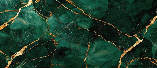 Poster - Elegant emerald green marble texture featuring intricate golden veining across the surface, showcasing a luxurious and rich visual appeal.