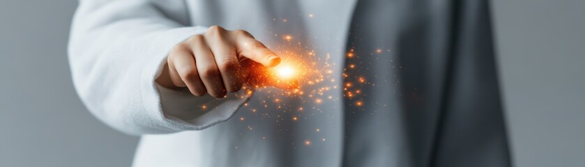 A person in white coat holds glowing orange orb, radiating light and warmth person