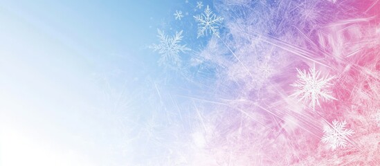 Fototapete - Abstract winter background with gradient blue to pink hues featuring delicate snowflakes in the upper section with empty space for text at the bottom