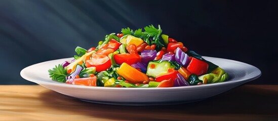 Poster - Vibrant salad presentation on a white plate featuring colorful lentils and fresh vegetables with greens set against a dark background