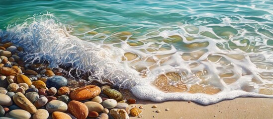 Aufkleber - Serene tropical pebble beach with smooth colored stones in foreground, gentle waves lapping at shoreline, vibrant turquoise waters sparkling under sunlight.