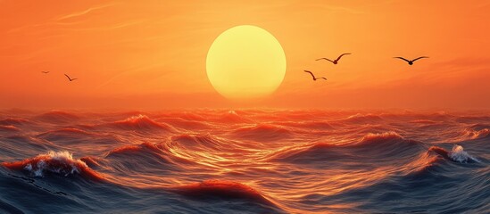 Aufkleber - Serene vibrant orange sunset over calm sea waves with flying birds in silhouette creating a peaceful coastal atmosphere with warm colors.