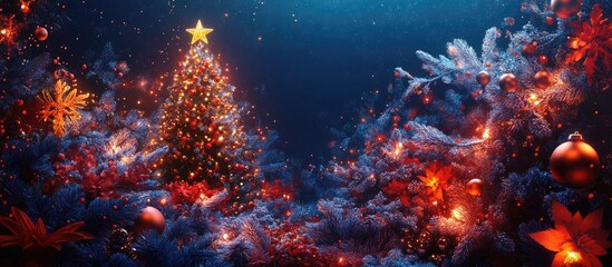 Poster - A vibrant underwater Christmas scene featuring a glowing tree with a star, surrounded by colorful coral and shimmering ornaments in blue and red tones.