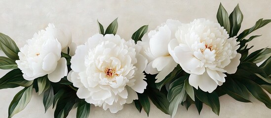 Poster - Elegant arrangement of white peonies with soft pink centers surrounded by rich green leaves on a light neutral background highlighting floral beauty.
