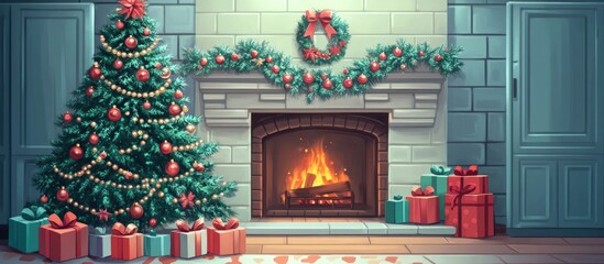 Poster - Cozy Christmas scene featuring a richly decorated evergreen tree with colorful gifts beside a warm fireplace adorned with a festive wreath.