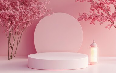 Wall Mural - 3D rendering of a minimal podium with a Ramadan Islamic background and lantern, in a pink color. Blank space for product presentation. 