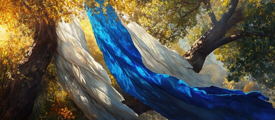 Poster - Blue and white flags flutter beside a lush green tree illuminated by soft golden light creating a dynamic contrast in a serene natural setting