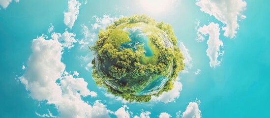 Fototapete - Lush green planet surrounded by vibrant blue skies and fluffy white clouds, illuminated by bright sunlight, creating a serene and eco-friendly atmosphere.