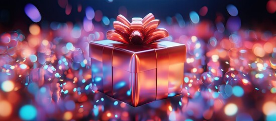 Poster - Gift box with a shiny satin ribbon bow centered on a blurred background of vibrant colorful lights creating a festive celebratory atmosphere