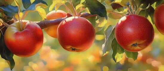 Aufkleber - Vibrant sunlit orchard scene with ripe Fuji apples in shades of red and green hanging from branches against a blurred golden background.