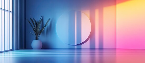 Fototapete - Modern interior scene featuring a gray blue gradient on walls, a sleek circular color wheel in the center, and vibrant light reflections with a potted plant.