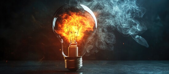 Aufkleber - Light bulb with flames and smoke emanating, showcasing energy innovation with a dark background, red and orange flames contrasted against clear glass.