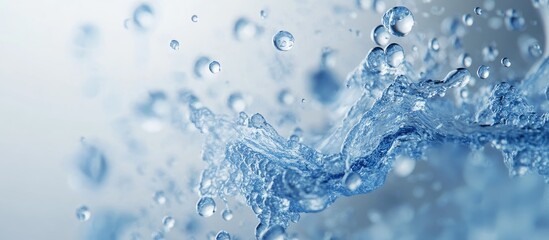 Aufkleber - Dynamic blue water splash with smaller droplets against a soft white background, highlighting freshness and vitality through vibrant shades of blue.