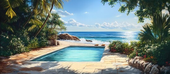Poster - Tropical beach scene with a swimming pool framed by palm trees in vibrant greens and soothing blues, inviting relaxation and enjoyment by the ocean.