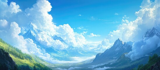 Poster - Serene landscape featuring a vibrant blue sky with soft white clouds dominating the upper half, lush green mountains provide a tranquil foreground.