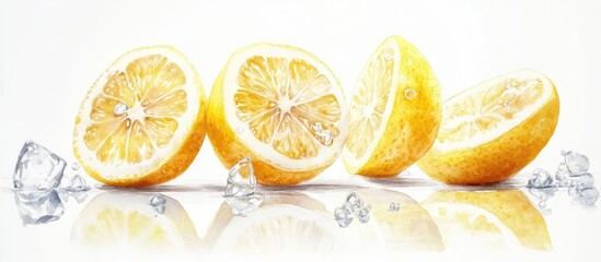 Poster - Vibrant yellow lemon slices with icy cubes are arranged on a white background highlighting artistic watercolor details and fresh design appeal.