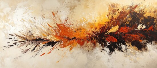 Fototapete - Vibrant abstract canvas painting with orange, black, and gold hues splashing across a light background, showcasing dynamic artistic flair and details.