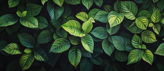 Aufkleber - Lush green leaves with varied textures and shades of dark green fill the image, creating a dense foliage pattern on a black background.
