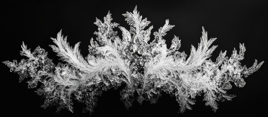 Fototapete - Intricate frozen leaf patterns in white and silver against a deep black background, showcasing delicate frost details and organic shapes.