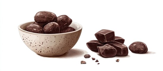 Poster - Cocoa in a textured beige bowl on a white background with glossy dark cocoa beans and chocolate pieces scattered around, highlighting rich colors and details.