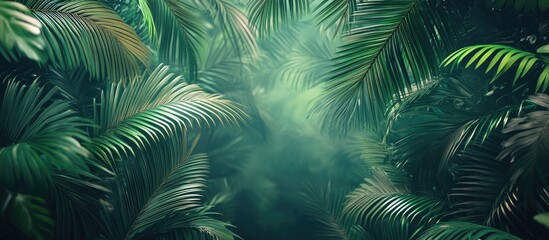 Poster - Vibrant tropical foliage with dark green palm fronds drifting in misty ambiance creating a serene atmosphere in lush jungle background