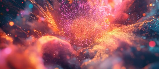 Poster - Vibrant cosmic explosion of vivid pink, purple, and orange hues with swirling clouds and sparkling particles set against a dark backdrop