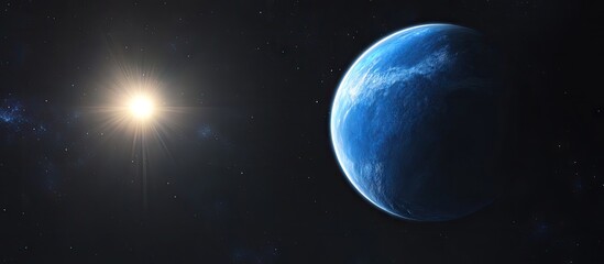 Poster - Celestial view of a vibrant blue planet in space illuminated by a bright light on the left, with a dark starry background enhancing its beauty.