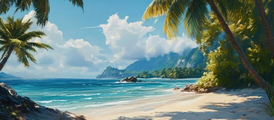 Aufkleber - Tropical beach scene with clear turquoise water, lush green palm trees, and distant mountains under a bright blue sky perfect for relaxation.