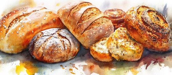 Aufkleber - Vibrant watercolor composition featuring an array of artisanal breads in warm tones, showcasing textures and details of each bread type.