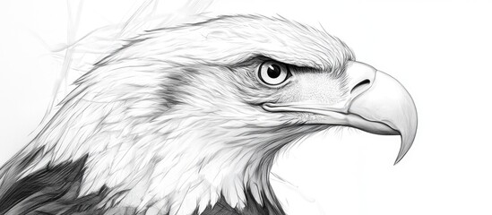 Poster - Bald eagle close-up in monochrome showcasing sharp eyes and detailed feathers with a strong beak positioned centrally against a white background