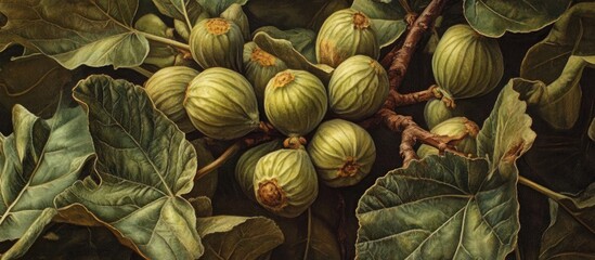 Aufkleber - Ripening green figs clustered on a branch amid lush green leaves highlighting their vibrant textures in a natural setting.