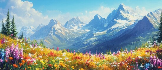 Poster - Majestic mountains rise under a clear blue sky, surrounded by vibrant blooming flowers in shades of pink, purple, and yellow, creating a picturesque landscape.