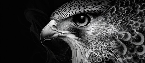 Poster - Falcon close-up with intricate feather details and striking eye features set against a dark background highlighting its majestic characteristics.